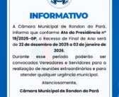 CÂMARA MUNICIPAL DE RONDON DO PARÁ DEFINE RECESSO ADMINISTRATIVO DE FIM DE ANO