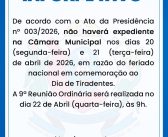 COMUNICADO: PONTO FACULTATIVO NO DIA 20 DE ABRIL DE 2026 EM RAZÃO DO FERIADO NACIONAL AO DIA DE TIRADENTES