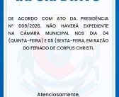 COMUNICADO: PONTO FACULTATIVO EM RAZÃO DE FERIANDO CORPUS CHRISTI.